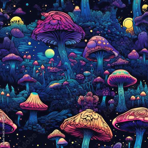 Fantasy magic mushrooms psychedelic starry night neon © Roman