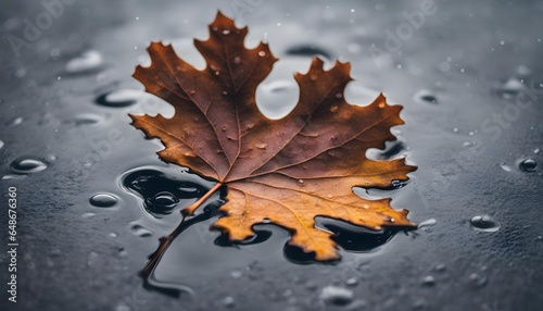 Oak leaf in a puddle on under rain. Abstract moody autumn background.