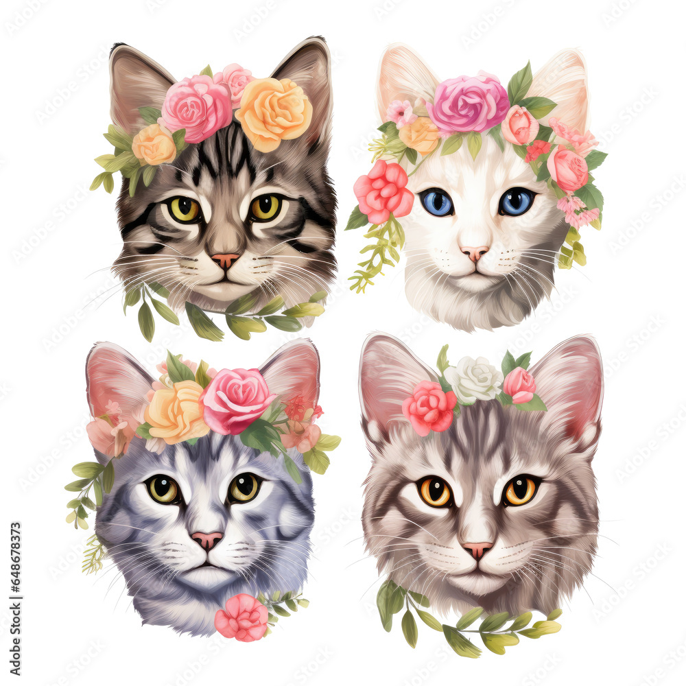 American Shorthair Cats Floral Isolated On Transparent Background