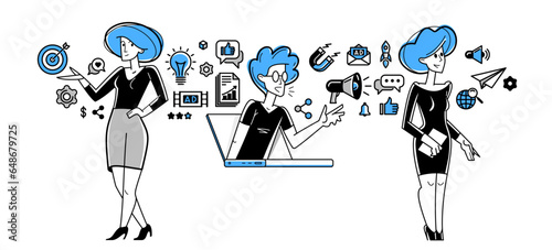 Marketing theme vector outline illustration, marketers team analyzing and creating plan and strategy, advertising business teamwork concept, reach a goal success.