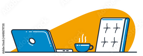 Place of work office table desk vector flat illustration isolated over white, work from home comfortable work space concept, empty chair nobody vacant job concept.