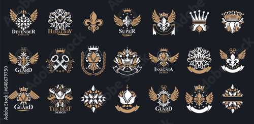 Classic style De Lis and crowns emblems big set, lily flower symbol ancient heraldic awards and labels collection, classical heraldry design elements, family or business emblems.