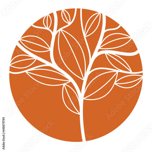 Round floral vintage linear logo design template for boutique or hotel or salon logo isolated on white, beautiful line drawing of leaves composition in a circle, branches growth nature.