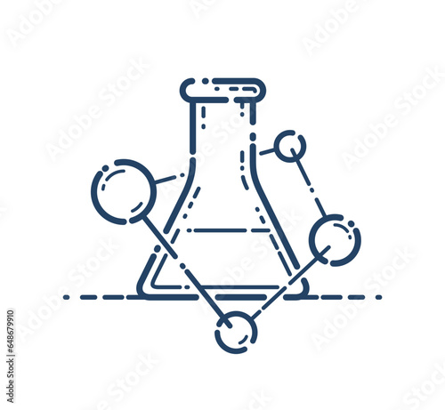 Chemical flask and molecule connections vector simple linear icon, science chemistry line art symbol, laboratory research.