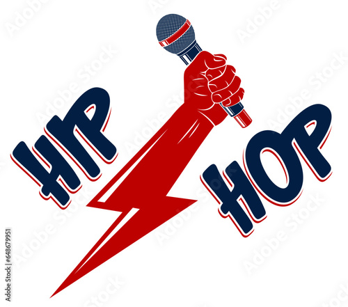 Rap music vector logo or emblem with microphone in hand in a shape of lightning bolt, Hip Hop rhymes festival concert or night club party label, t-shirt print.