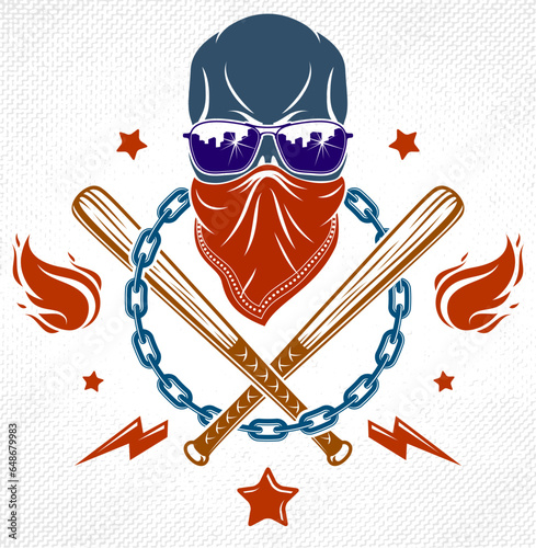 Criminal tattoo ,gang emblem or logo with aggressive skull baseball bats and other weapons and design elements, vector, bandit ghetto vintage style, gangster anarchy or mafia theme.