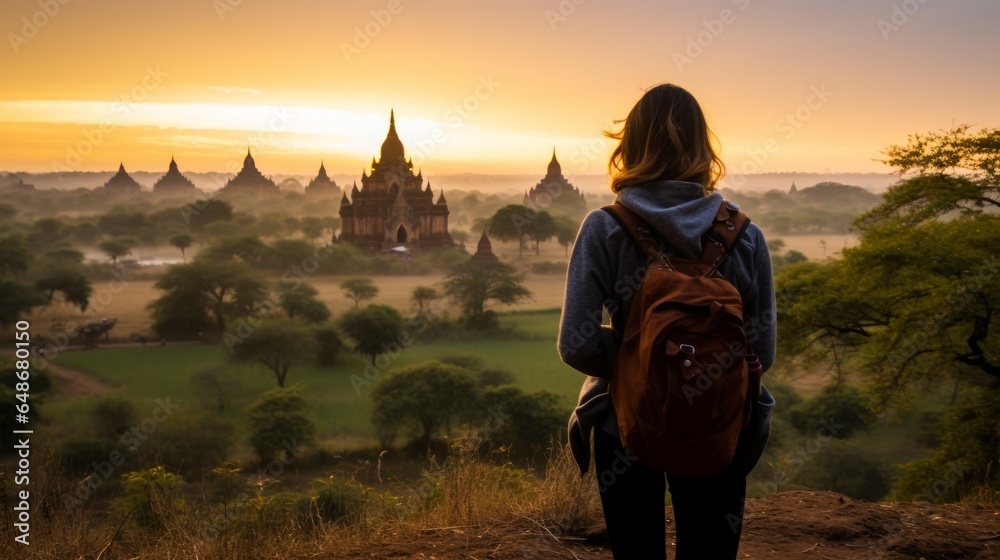 Female traveler capturing sanctuaries at Bagan Myanmar Asia at dawn
