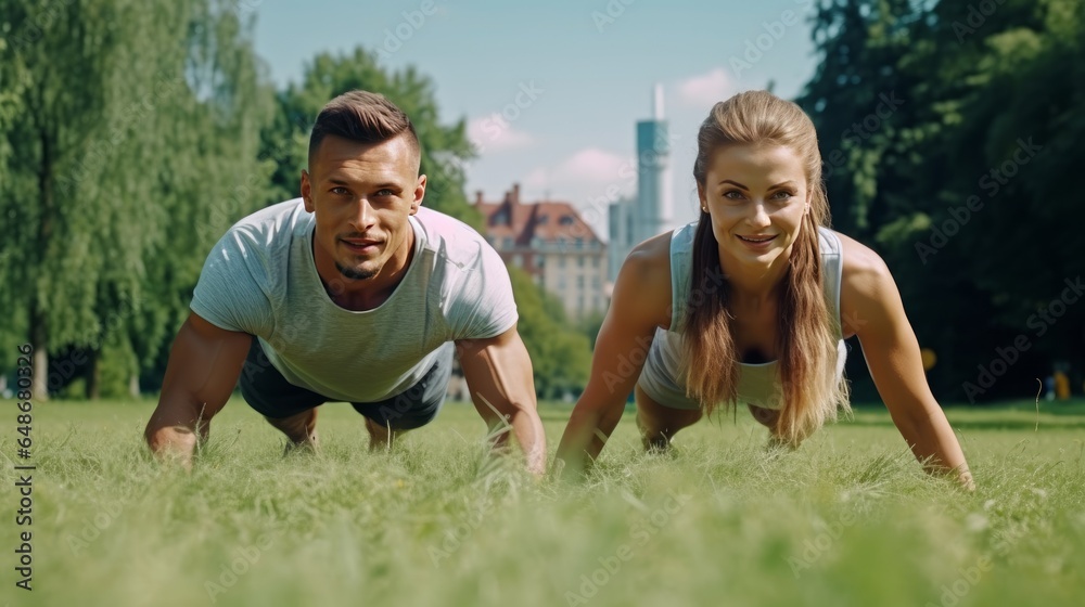 Fit youthful man and lady working out in stop Grinning caucasian couple doing center workout on grass
