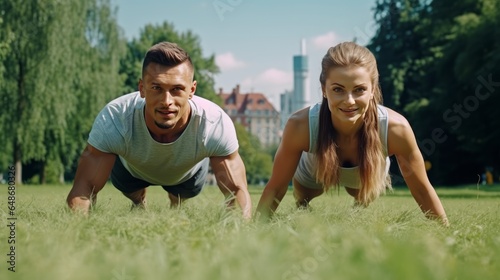Fit youthful man and lady working out in stop Grinning caucasian couple doing center workout on grass © Khalida