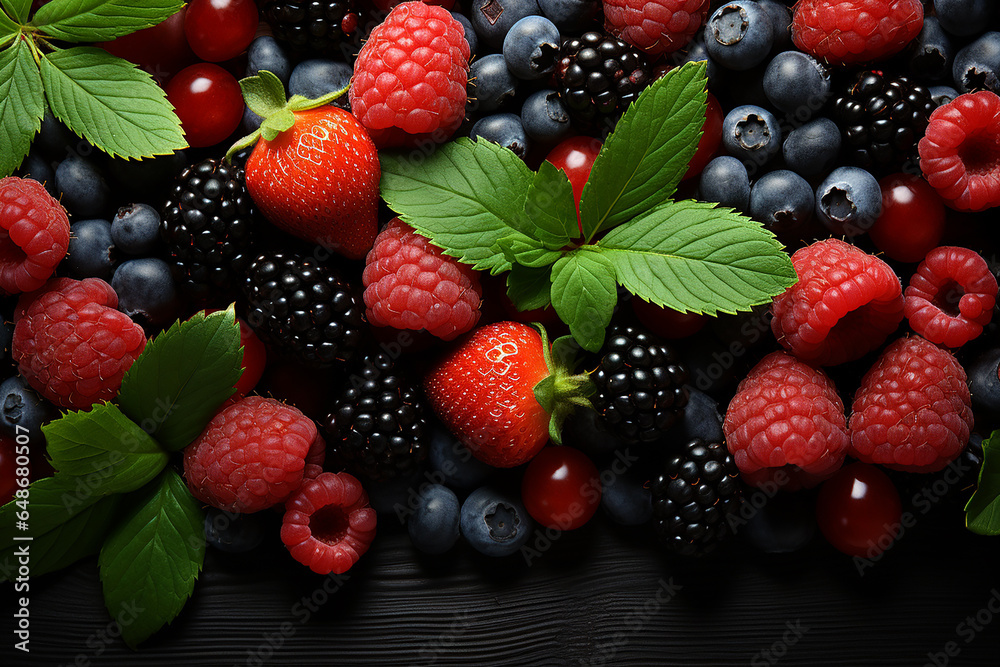 Generative AI - Background formed with different berries: raspberries, blackberries, blueberries