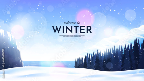 Vector illustration. Flat landscape. Snowy background. Snowdrifts. Snowfall. Clear blue sky. Blizzard. Cartoon wallpaper. Cold weather. Winter season. Forest trees and mountains. Design for website