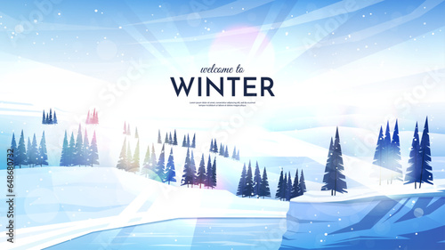 Vector illustration. Flat landscape. Snowy background. Snowdrifts. Snowfall. Clear blue sky. Blizzard. Cartoon wallpaper. Cold weather. Winter season. Forest trees and mountains. Design for website
