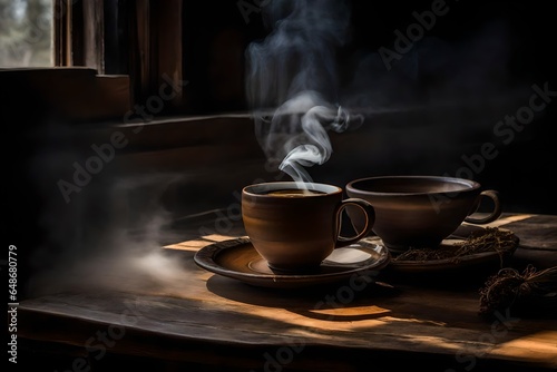 cup of coffee on a wooden table. AI Generative