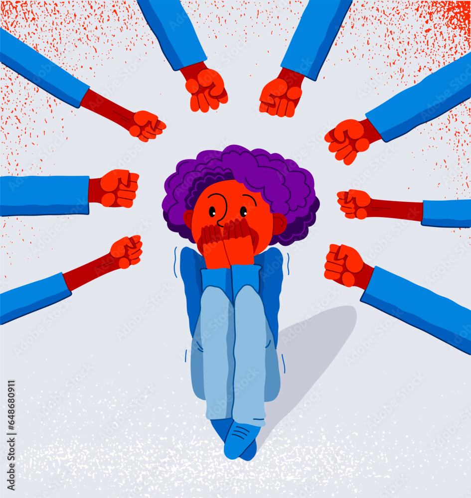 Bullying vector concept, clenched fists threats little scared boy kid