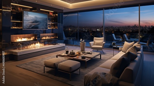 Elegant Contemporary Living Room with Panoramic Sunset View photo