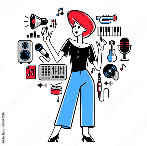 Music producer composing new track vector outline illustration, sound engineer doing his job in recording studio, composer creating audio mix.