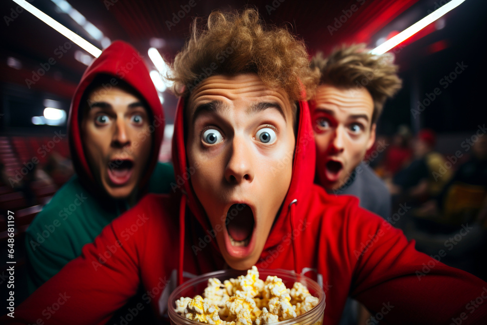 Bright facial expression, human emotions concept. Funny portrait of two young teenagers scared shocked or impressed group with popcorn in hands.  Enjoy watching horror movie or thriller in the cinema