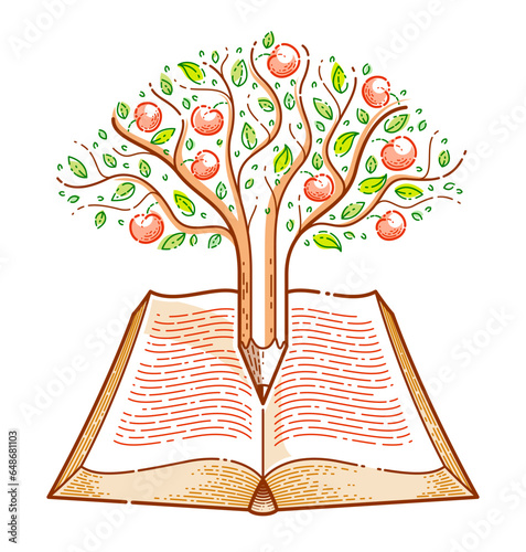 Tree with apples combined with pencil over open vintage book education or science knowledge concept, educational or scientific literature library vector logo or emblem.