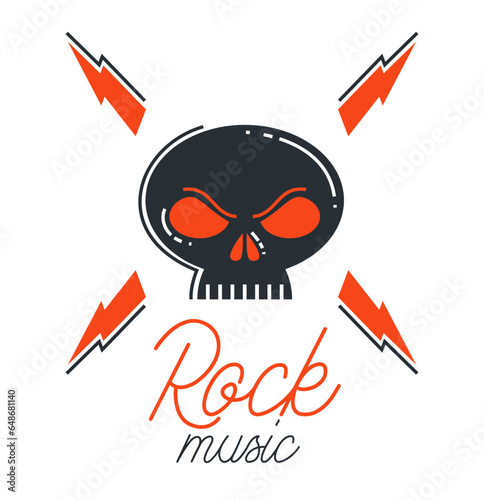 Hard rock and heavy metal emblem or logo vector flat style illustration isolated, dead scull composition, stylish music icon.