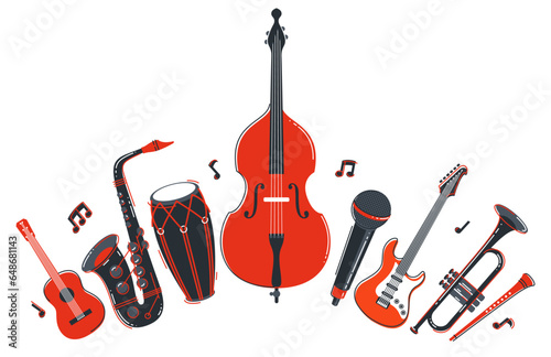 Jazz music band concept different instruments vector flat illustration isolated on white background, live sound festival or concert, musician different instruments set.