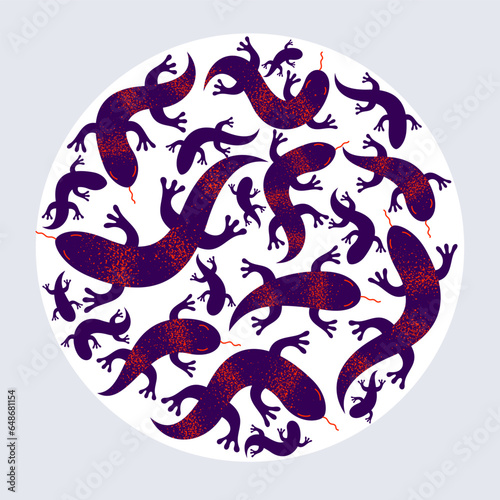 Lizards round composition in a circle vector design illustration, horror and disgusting creatures.