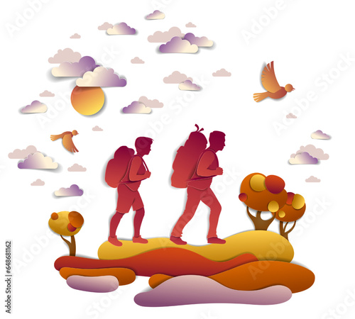 Young active couple hiking in autumn through meadows and fields with trees and birds in the fall sky. Boyfriend and girlfriend hikers having time of rest in nature  vector illustration.