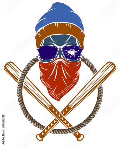 Gangster emblem logo or tattoo with aggressive skull baseball bats design elements, vector, criminal ghetto vintage style, gangster anarchy or mafia theme.