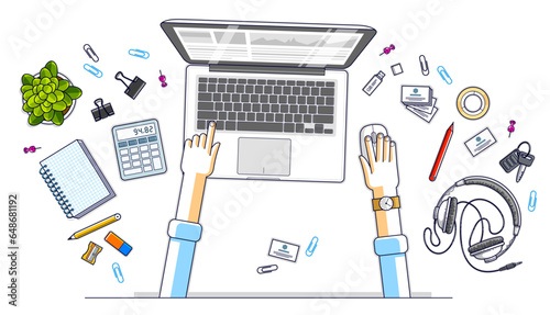 Work desk workspace top view with hands of office worker or entrepreneur, laptop computer and a lot of different stationery objects on table. All elements are easy to use separately. Vector.
