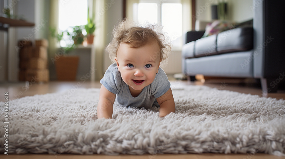 Cute baby crawling on floor carpet in a cozy living room with shiny eyes Cute baby crawling on floor carpet in a cozy living room with shiny eyes