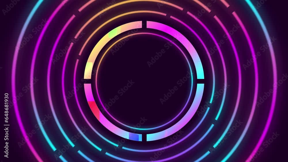 Abstract Neon Circles Digital on dark purple background. Illustration music animated