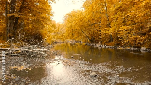 4K Drone aerial footage along a river in autumn. Fall colors, trees, changing seasons.