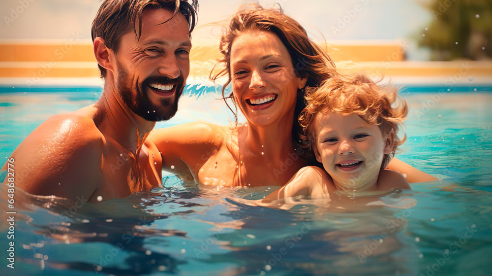 Smiling happy family father mother and son having fun and relaxing in swimming pool at hotel resort. Tourists with kid on summer vacation splashing in swimming pool. Trip, journey, tour, holiday - obrazy, fototapety, plakaty 