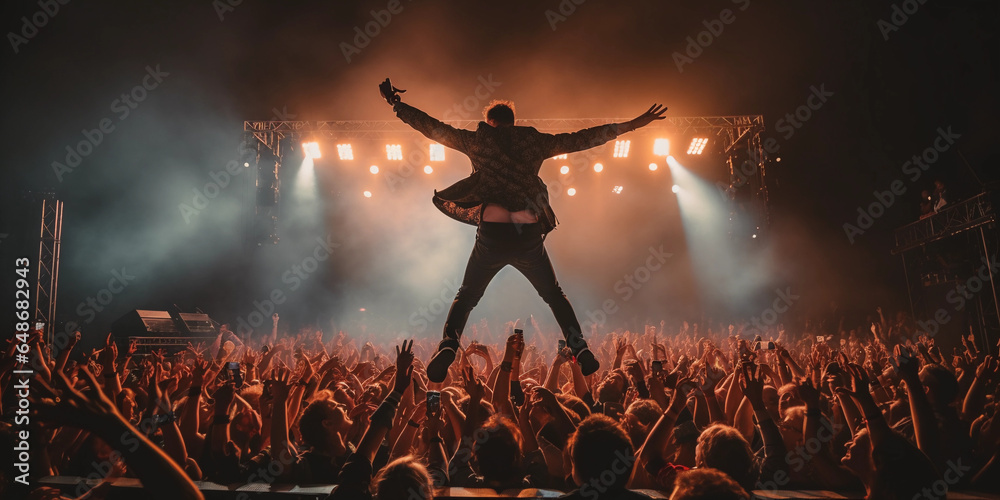 Glastonbury Music Festival, outdoor stage, performing artist in a dramatic pose, enthusiastic crowd, illuminated by stage lights - obrazy, fototapety, plakaty 