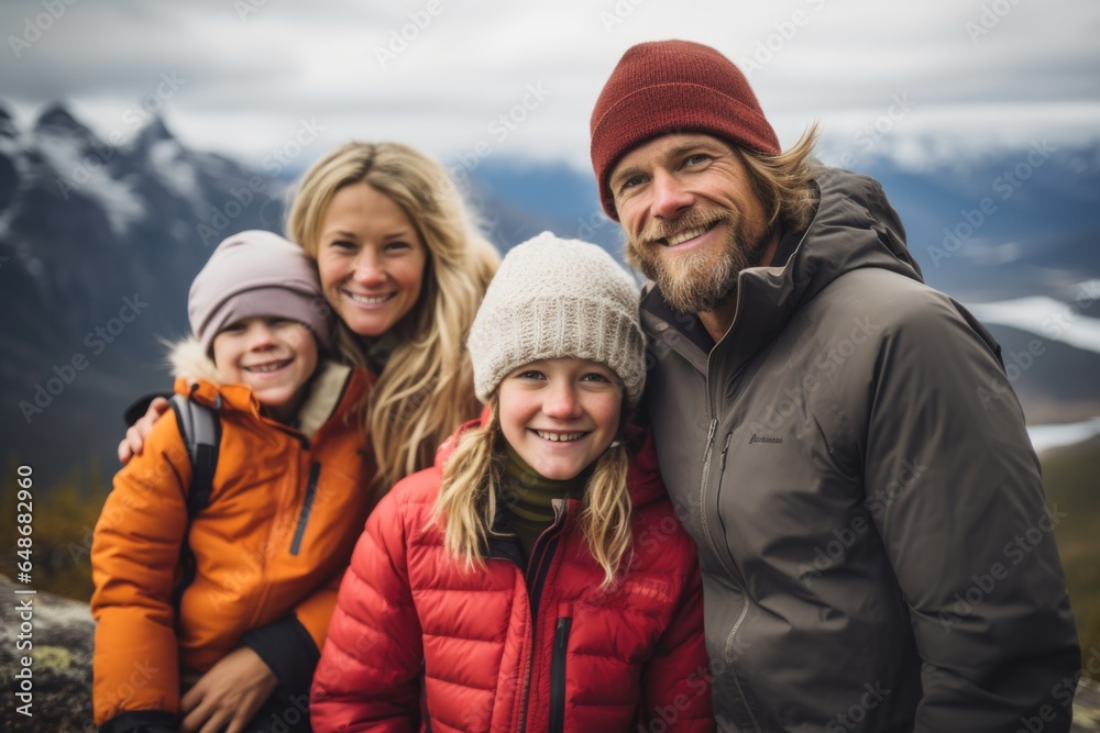 Portrait of a happy young Caucasian family hiking in the mountains