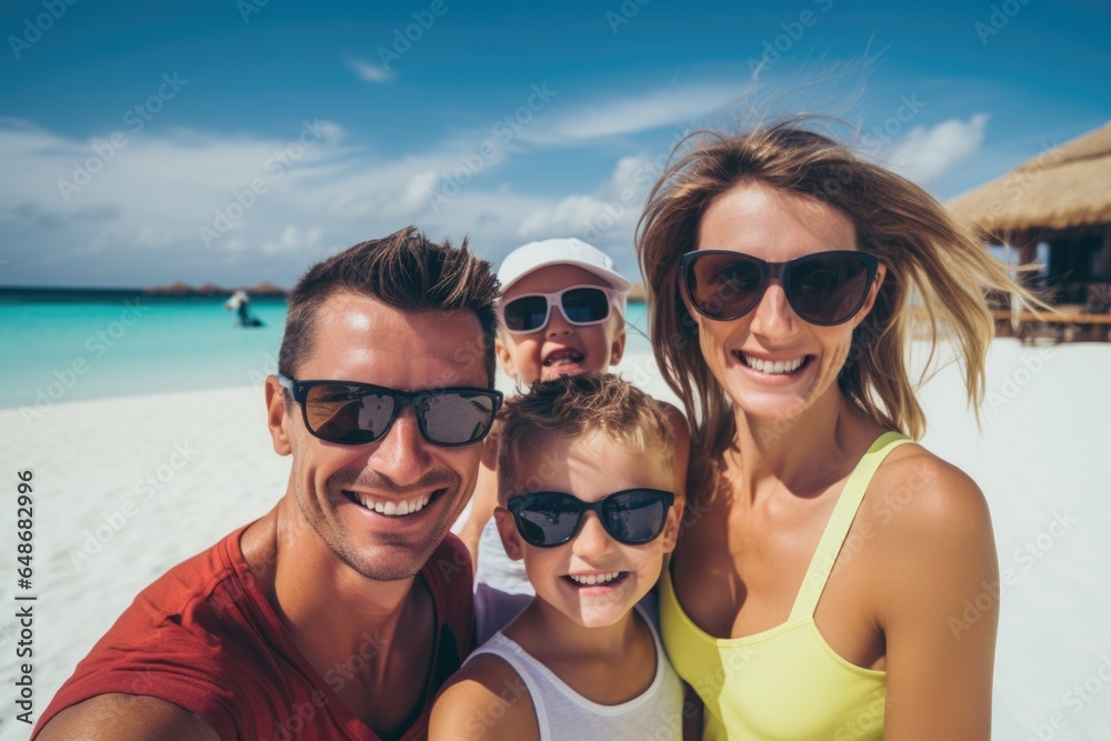 Portrait of a happy young Caucasian family while on vacation in the Maldives