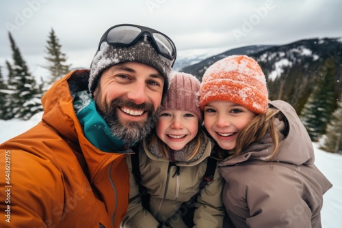 Happy young Caucasian father and his daughters taking a selfie with a smartphone while skiing in the mountains