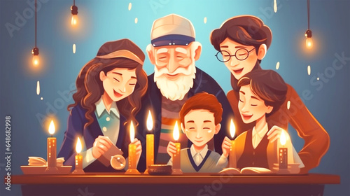 happy Jewish family celebrating Hannukah photo