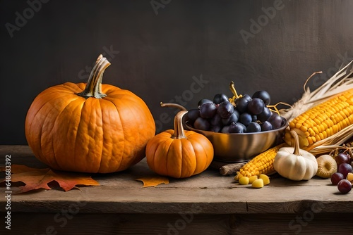 Autumn still life with pumpkins  corn and grapes at thanksgiving with neutral background.