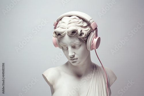 Antique sculpture of a woman in headphones