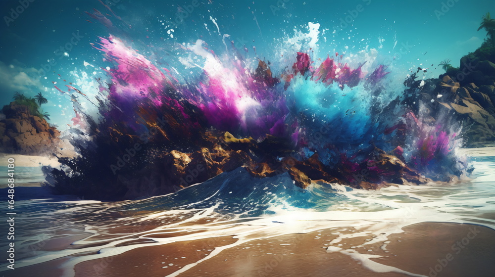 Blue and Purple Paint Explosion on a Beach