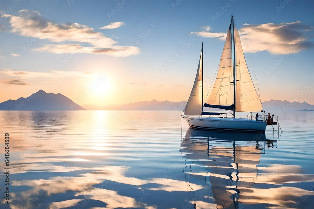 3D rendering of a sailboat gracefully gliding across the sea in the warm evening sunlight