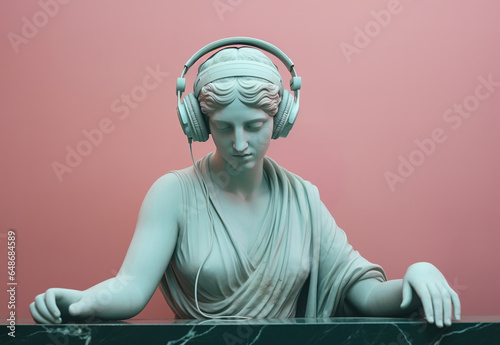 Antique sculpture of a Dj woman in headphones