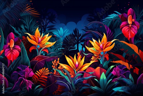 Desktop wallpaper with tropical plants  jewel-toned jungle motifs  neon abstraction  and illustration background. Generative AI