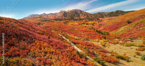 Aerial view of Snow basin landscape in Utah filled with brilliant fall foliage