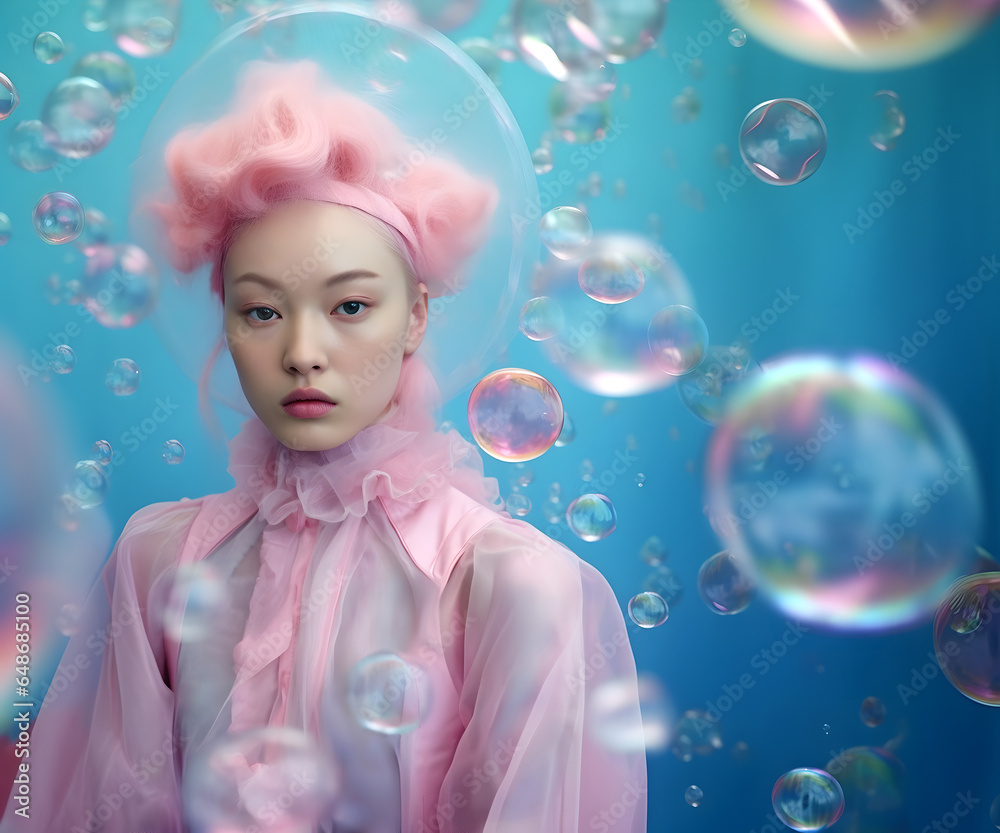Fototapeta premium Fashion surreal Concept. Stunning beautiful woman of bubble and fluid in romantic magical pastel background. illuminated with soft composition and natural lighting. copy space
