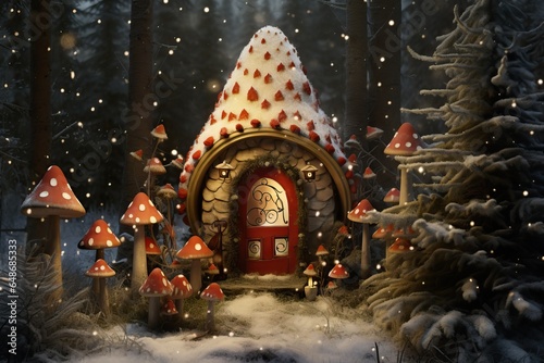 Cute house of a fairy-tale gnome in the forest. Beautiful fly agaric and other mushrooms. Winter forest. photo