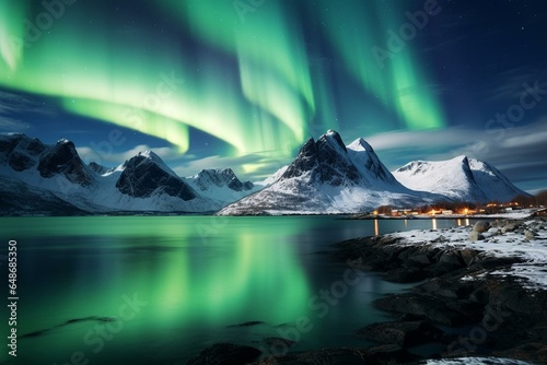 Northern lights over lake, ocean, and mountains in Lofoten, Norway. Generative AI
