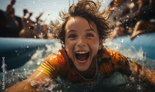 Teenager enjoys summer day at water park. Child boy laughing and smiling while riding water slide, feeling refreshing splashes