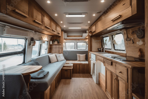Travel transport and entertainment concept. Cosy Interior of motor home camping car, furnishing full of light decor of salon area, comfortable caravan house vehicle Relaxation areas for road travel