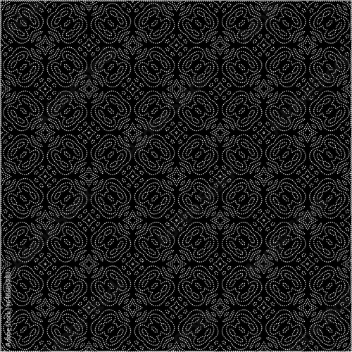 Black background with figures from dots . Black and white pattern for web page, textures, card, poster, fabric, textile. Repeating design.